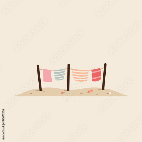 Colorful Beach Windbreak On Sandy Shore