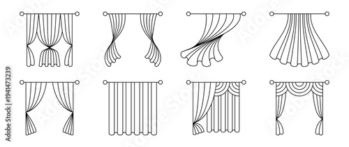 Line art icons of windows with curtains in various states. Vector open, closed and wind blown shades. Linear silhouettes set of windowcovers. Home and office interiors elements collection