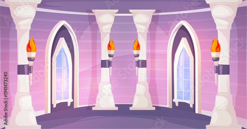 Medieval hall in cartoon style. Vector castle room with stone walls, arched windows and glowing torches. Magical architecture environment with marble columns for games and fantasy stories