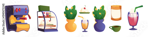 Cafe or shop equipments, coffeehouse decor elements. Vector isolated coffee machine and glass display case with cakes, flowers in vases, cocktails and caffeine beverage. Commerce and small business