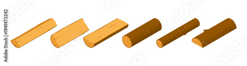 Split firewood logs and cut tree branches. Vector isolated isometric chopped wooden pieces prepared for heating or storage. Natural wood texture for construction, carpentry and forestry use