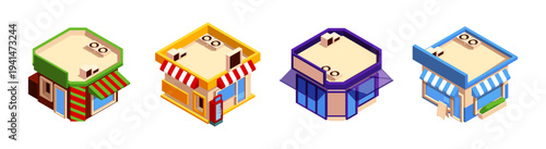 Small street market exteriors. Vector isometric shops facade with greenery and roof details. Vector buildings with modern look, panoramic windows and brick, entrance and wooden elements on walls