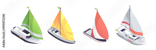 Sailboats collection. Vector isolated isometric light vessels or yachts with sails, hulls and rigging. Wind powered water crafts. Marine transport made from fiberglass or composite materials