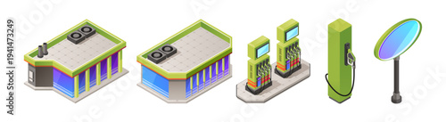 Main buildings and additional structures at gas station. Vector isolated isometric signboard, fuel pumps and dispensers, nozzles and hoses. Convenience store, office or restroom facilities