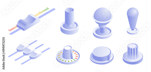 Isometric switches and rotary knobs set. Vector isolated spin buttons and vertical toggle switches. UI UX design elements and electronics apps. Infographics, presentations and websites