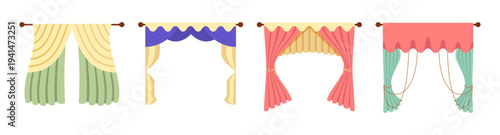 Drapes and curtains hanging on windows, different types and assortment of window covers. Vector interior design and decor of apartment, home or dwelling. Shop with different products for houses