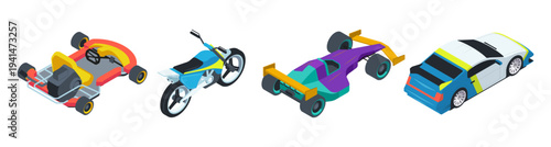 Racing vehicles and motorbikes. Vector isolated sport cars and motorcycle collection. Isometric fast transport. Automobile with high speed and quality of constructions. Adventure and open road freedom