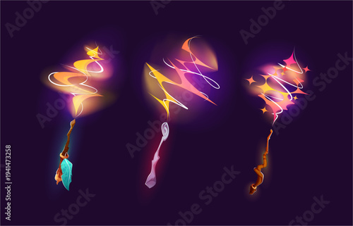 Magic wands with light effect, wizard or witch sticks with glow and shiny beams of spell. Vector cartoon wooden and metal bizarre rods with sparkling trails. Magician assets collection