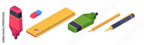 Basic school stationery set. Vector isolated ruler, marker and eraser, pencil and pen. Isometric educational tools for writing, drawing and studying. Learning and educational materials