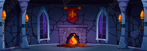 Moody medieval castle interior. Vector cartoon indoor space with glowing fireplace, stone columns and arched windows. Fantasy backdrop for adventure games, animated scenes or atmospheric storytelling