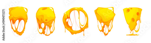 Hot melted cheese dripping set. Vector isolated gooey cheddar stretching in long strings. Glossy melty cartoon dairy products collection. Elastic fermented milk pieces with sticky texture