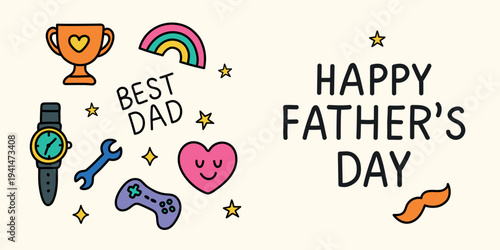 Happy Fathers Day banner with cute doodle icons including trophy, rainbow, watch, gamepad and tools. Fun flat illustration for holiday greetings, social media posts and festive promotions.