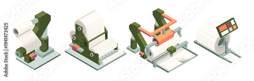 Paper factory machinery set. Vector machines designed for rolling, winding and processing material. Industrial mechanisms and production stages without workers, automation and technical structure