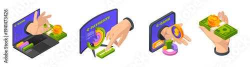 Salary payroll system isometric icons. Vector online income calculate and automatic payment. Office accounting administrative or calendar pay date. Hands with dollar banknotes and golden coins