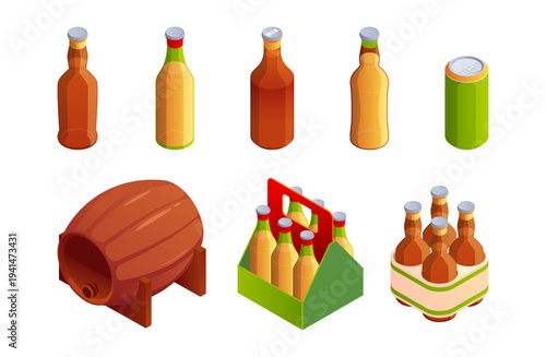 Beer production, isolated barrel and wooden crate with alcoholic beverages. Vector handcrafted brews made of wheat and hopsin glass and metal bottles. Tasty drinks in pub or bar assortment