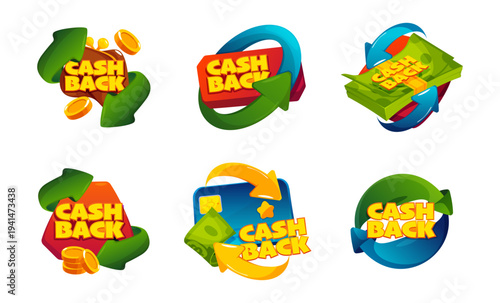 Credit card, wallet and dollar banknote cartoon icons with arrows. Vector cash back, money return set. Financial benefits and spending efficiency, rewards programs or digital banking apps