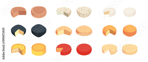 Various kind of cheese wheels. Vector isolated set of dairy products made of pressed curds of milk. Organic and natural product for eating and dieting, nourishment and nutrition. Tasty food from farm