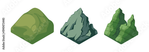 Isometric mountain set. Vector peaks with different shapes, heights and slopes. Natural landscapes for maps and game design, nature concepts and travel graphics, environment and educational projects