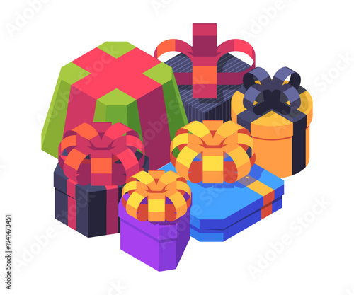 Stacked gift boxes in various shapes. Vector isometric cylindrical and square, trapezoid and heart shaped cardboards decorated with ribbons and bows. Festive packages for birthdays or holidays