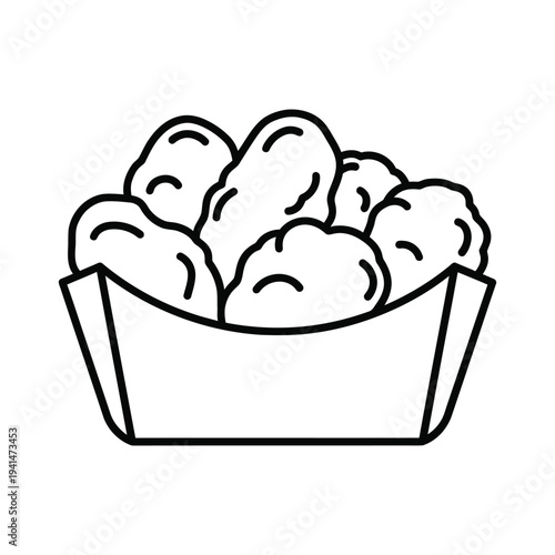 Chicken nuggets in disposable paper container isolated on white background simple outline drawing