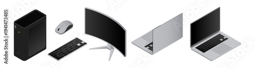 Isometric electronic devices and gadgets set. Vector isolated system unit and monitor, keyboard and mouse, laptops from different perspectives. Modern designs and multifunctional capabilities