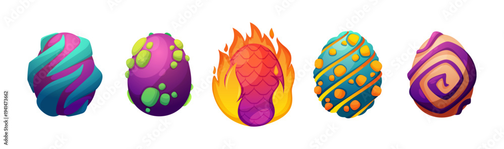 Naklejka premium Dragon eggs with prints in fire and cracks. Vector isolated cartoon collection of embryonic spheres of dinosaurs. Mysterious magical beasts cores. Enchanted shells of Basilisk or Hydra