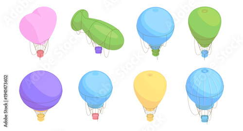 Hot air balloon set in various geometric and creative shapes. Vector isolated decorative flying transport elements collection. Travel and adventure for tourism visuals. Transportation themed graphic