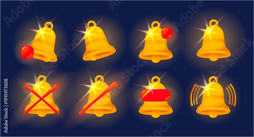 Shining bells icons with alert dots. Vector isolated glossy gongs set with circle badges. Cartoon mobile app notifications and push messages, digital communication and reminder interface