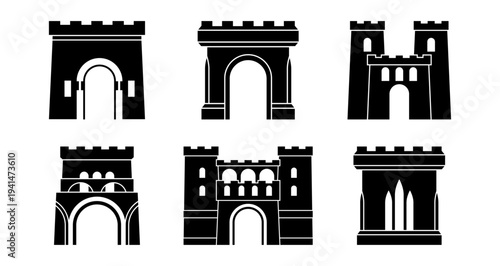 Collection of fortress and castle silhouettes. Vector isolated set of medieval arched entrances in monochrome style. Branding and game interfaces elements. Map markers graphic design