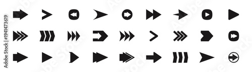 Arrow icon set. Vector navigation and pointer symbols collection for user interface, infographic and business. Arrowhead and cursors, movement direction and motion way line elements