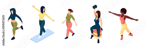 Women performing outdoor fitness exercises. Vector female characters running and dumbbell lifting, walking and stretching. Physical activity and healthy lifestyle, sports training and outdoor fitness