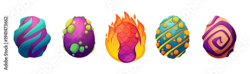 Dragon eggs with prints in fire and cracks. Vector isolated cartoon collection of embryonic spheres of dinosaurs. Mysterious magical beasts cores. Enchanted shells of Basilisk or Hydra