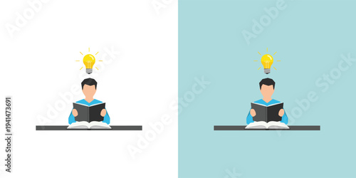 Visual concept of an individual deeply engaged in reading and acquiring knowledge from a book, sparking new ideas and inspiration symbolized by a glowing lightbulb above their head