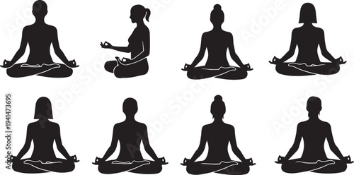 Silhouette of women practicing yoga in various meditation poses
