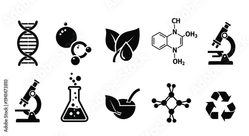 Scientific icons including dna molecules and equipment in black silhouette