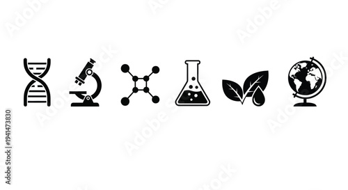 Scientific icons including dna microscope and globe as a black silhouette