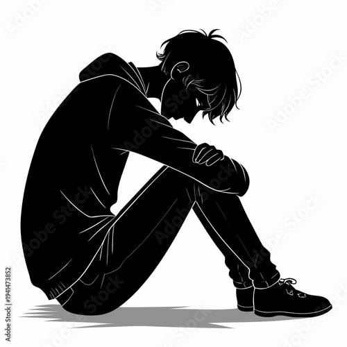 minimalist melancholic man silhouette sitting with head down sensitive vector
