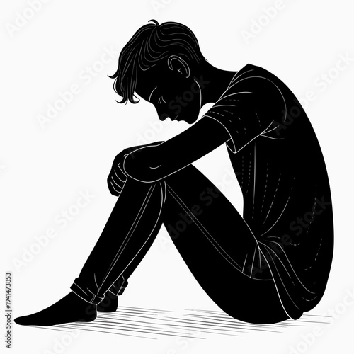 minimalist melancholic man silhouette contemplative thinker vector icon