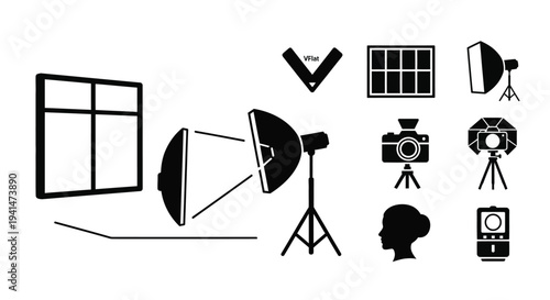 Photography studio equipment icons including lighting and camera setup silhouette