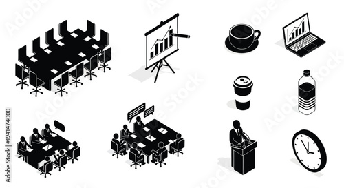 Isometric office elements including chairs presentation and people silhouette high quality