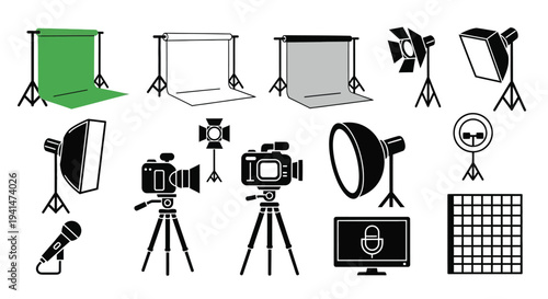 Photography equipment icons depicting studio setups and tools black silhouette