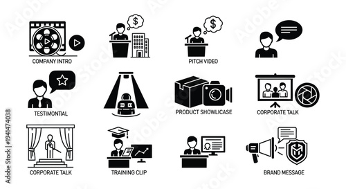 Business presentation icons displaying various video and communication themes silhouette