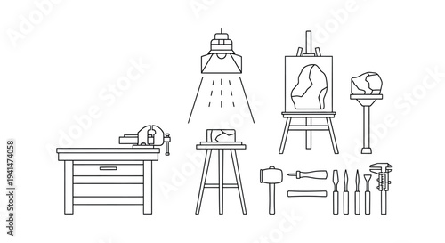 Art studio equipment line drawings depict tools and objects a simple silhouette