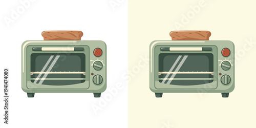 Digital illustration of a charming retro style toaster oven with a golden brown piece of toast, ready for a quick and delicious breakfast or snack in the kitchen