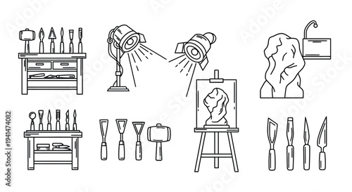 Art studio equipment collection including lamps busts and tables silhouette