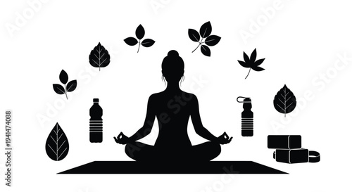 Woman meditating in lotus position with leaves and wellness items silhouette
