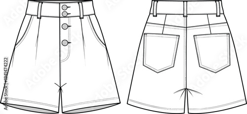 Womens high waisted button front shorts fashion flat sketch, denim style shorts CAD technical drawing, front and back view vector template