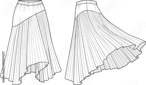 Womens asymmetrical pleated skirt fashion flat sketch, handkerchief hem midi skirt CAD technical drawing, front and side view vector template