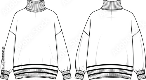 Oversized turtleneck sweater fashion flat sketch, womens knit jumper CAD technical drawing, front and back view vector apparel design template
