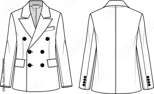 Womens double breasted blazer fashion flat sketch, tailored jacket CAD technical drawing, front and back view vector apparel design template
